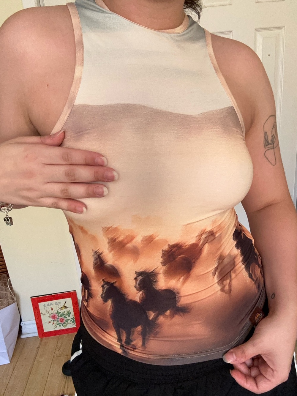 Horse-Print Tank Top in Beige and Brown